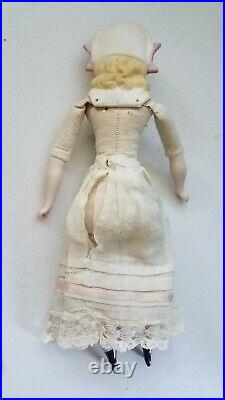 Antique 10.5Parian Bisque Doll Molded Bonnet Pink Bows Lace Trimmed Slip& Dress