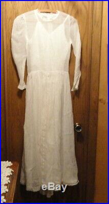 Antique 1900's Ladies Small Sheer White Organdy Tea Dress & Matching Satin Slip