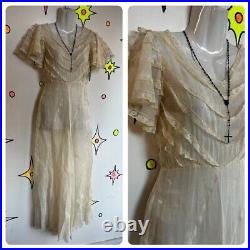 Antique 1900s White Sheer Lace Rococo Art Deco Slip Boudoir Dress XS