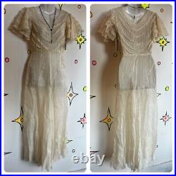 Antique 1900s White Sheer Lace Rococo Art Deco Slip Boudoir Dress XS