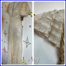 Antique 1900s White Sheer Lace Rococo Art Deco Slip Boudoir Dress XS