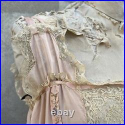 Antique 1920s 1930s Pink Silk Dress Slip Ruffly Lace Ribbon Floral Embroidery