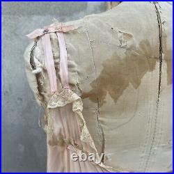 Antique 1920s 1930s Pink Silk Dress Slip Ruffly Lace Ribbon Floral Embroidery