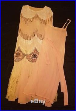 Antique 1920s Beaded Flower Flapper Dress, Handmade With Matching Slip