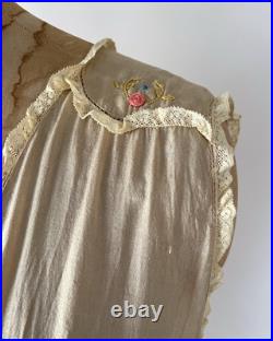 Antique 1920s Beige Silk Slip Dress Lingerie Chemise Night Gown Embroidered S M