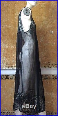 Antique 1920s Black Silk Chiffon French Filet Lace Slip Dress Ribbon Flower Vtg