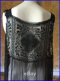 Antique 1920s Black Silk Chiffon French Filet Lace Slip Dress Ribbon Flower Vtg