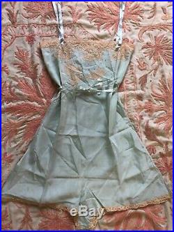 Antique 1920s Blue Silky Teddy Dress Lace Playsuit Flower Romper Ribbon Vintage