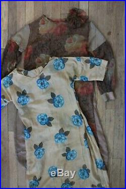 Antique 1920s Brown Orange Flapper Era Silk Dress Cotton Blue Flowers Slip Set