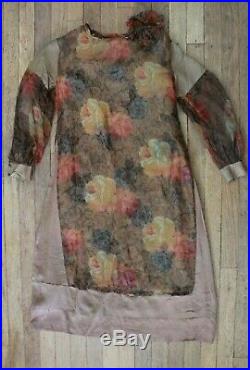 Antique 1920s Brown Orange Flapper Era Silk Dress Cotton Blue Flowers Slip Set