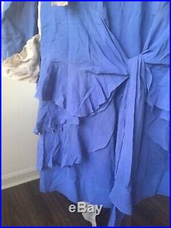 Antique 1920s Dusty BLUE Crepe Silk Flapper DRESS Tiered Ruffles with Slip Vintage