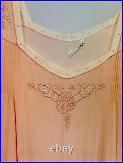 Antique 1920s Light Pink Silk Chemise Embroidered Slip France J. L. Hudson AS IS