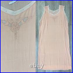 Antique 1920s Light Pink Silk Chemise Embroidered Slip France J. L. Hudson AS IS