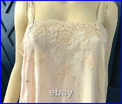 Antique 1920s Peach Silk Flapper Chemise Slip Dress Handmade Lace Lingerie