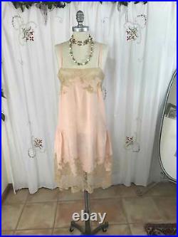 Antique 1920s Peach Silk Flapper Slip Dress Handmade Lace Wedding Lingerie sz XS