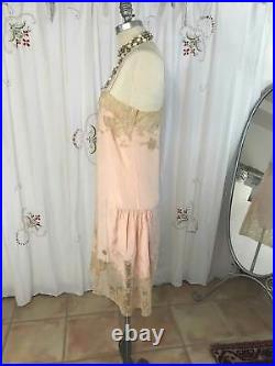 Antique 1920s Peach Silk Flapper Slip Dress Handmade Lace Wedding Lingerie sz XS