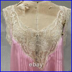 Antique 1920s Pink Silk Dress Slip Floral Lace Yellow Silk Flower Vintage