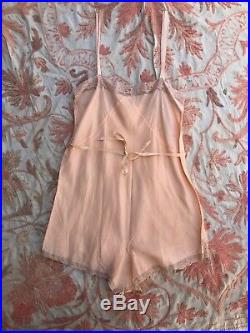 Antique 1920s Pink Silk Teddy Dress Slip Lace Playsuit Aulk Flower Romper Ribbon
