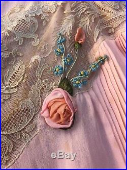 Antique 1920s Pink Silk Teddy Dress Slip Lace Pleated Silk Flowers Romper Ribbon