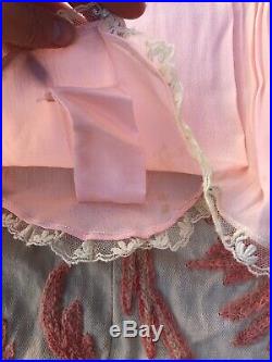 Antique 1920s Pink Silk Teddy Dress Slip Lace Pleated Silk Flowers Romper Ribbon