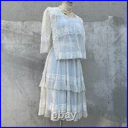 Antique 1920s White Cotton Net Dress Lace Blue Slip Cape Front Frothy Ruffle
