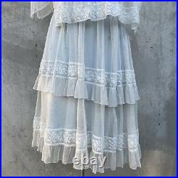 Antique 1920s White Cotton Net Dress Lace Blue Slip Cape Front Frothy Ruffle