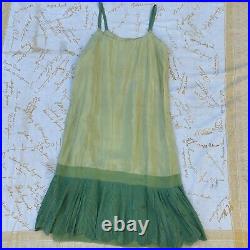 Antique 1920s green silk slip dress chiffon pleats sleeveless 1930s Vintage