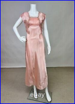 Antique 1930s 1940s Pink Rayon Slip Dress Night gown Full Length Lace Trim AS IS