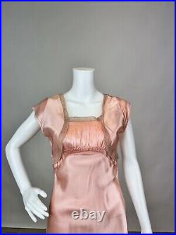 Antique 1930s 1940s Pink Rayon Slip Dress Night gown Full Length Lace Trim AS IS