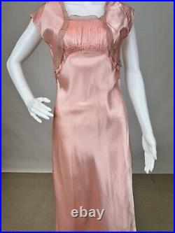 Antique 1930s 1940s Pink Rayon Slip Dress Night gown Full Length Lace Trim AS IS