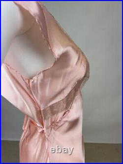 Antique 1930s 1940s Pink Rayon Slip Dress Night gown Full Length Lace Trim AS IS