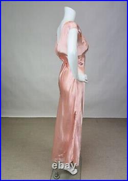 Antique 1930s 1940s Pink Rayon Slip Dress Night gown Full Length Lace Trim AS IS