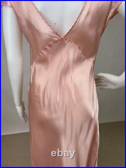 Antique 1930s 1940s Pink Rayon Slip Dress Night gown Full Length Lace Trim AS IS