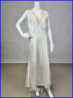 Antique 1930s 1940s Satin Rayon Slip Dress White Night gown Full Length Lace