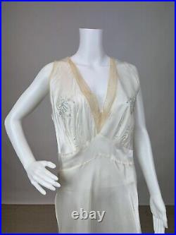 Antique 1930s 1940s Satin Rayon Slip Dress White Night gown Full Length Lace