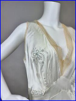 Antique 1930s 1940s Satin Rayon Slip Dress White Night gown Full Length Lace