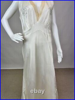 Antique 1930s 1940s Satin Rayon Slip Dress White Night gown Full Length Lace