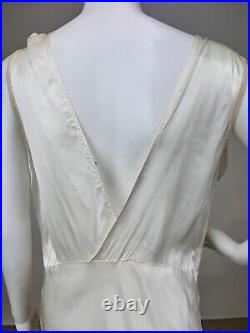 Antique 1930s 1940s Satin Rayon Slip Dress White Night gown Full Length Lace