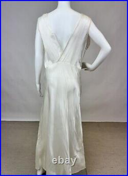 Antique 1930s 1940s Satin Rayon Slip Dress White Night gown Full Length Lace