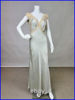 Antique 1930s Blue Silk Slip Dress Night gown Full Length Lace Trim Bias Cut