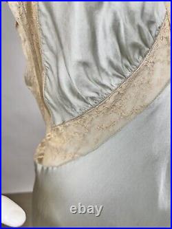 Antique 1930s Blue Silk Slip Dress Night gown Full Length Lace Trim Bias Cut