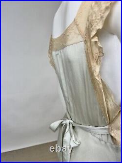 Antique 1930s Blue Silk Slip Dress Night gown Full Length Lace Trim Bias Cut