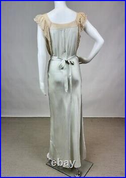 Antique 1930s Blue Silk Slip Dress Night gown Full Length Lace Trim Bias Cut