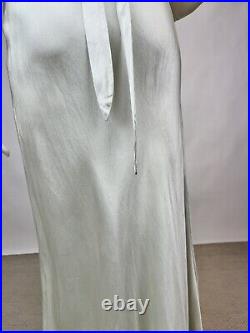 Antique 1930s Blue Silk Slip Dress Night gown Full Length Lace Trim Bias Cut