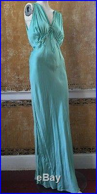 Antique 1930s Green Silk Lace Up Bias Cut Pockets Slip Dress Art Deco Vintage