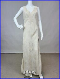 Antique 1930s Jacquard Silk Slip Dress Night gown Full Length Floral Embroidery