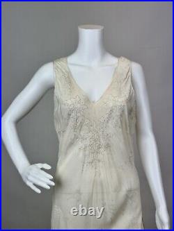 Antique 1930s Jacquard Silk Slip Dress Night gown Full Length Floral Embroidery