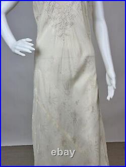 Antique 1930s Jacquard Silk Slip Dress Night gown Full Length Floral Embroidery