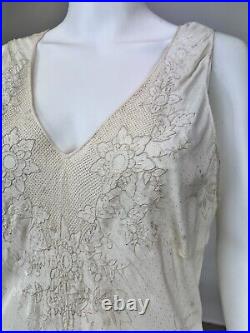 Antique 1930s Jacquard Silk Slip Dress Night gown Full Length Floral Embroidery