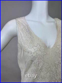 Antique 1930s Jacquard Silk Slip Dress Night gown Full Length Floral Embroidery